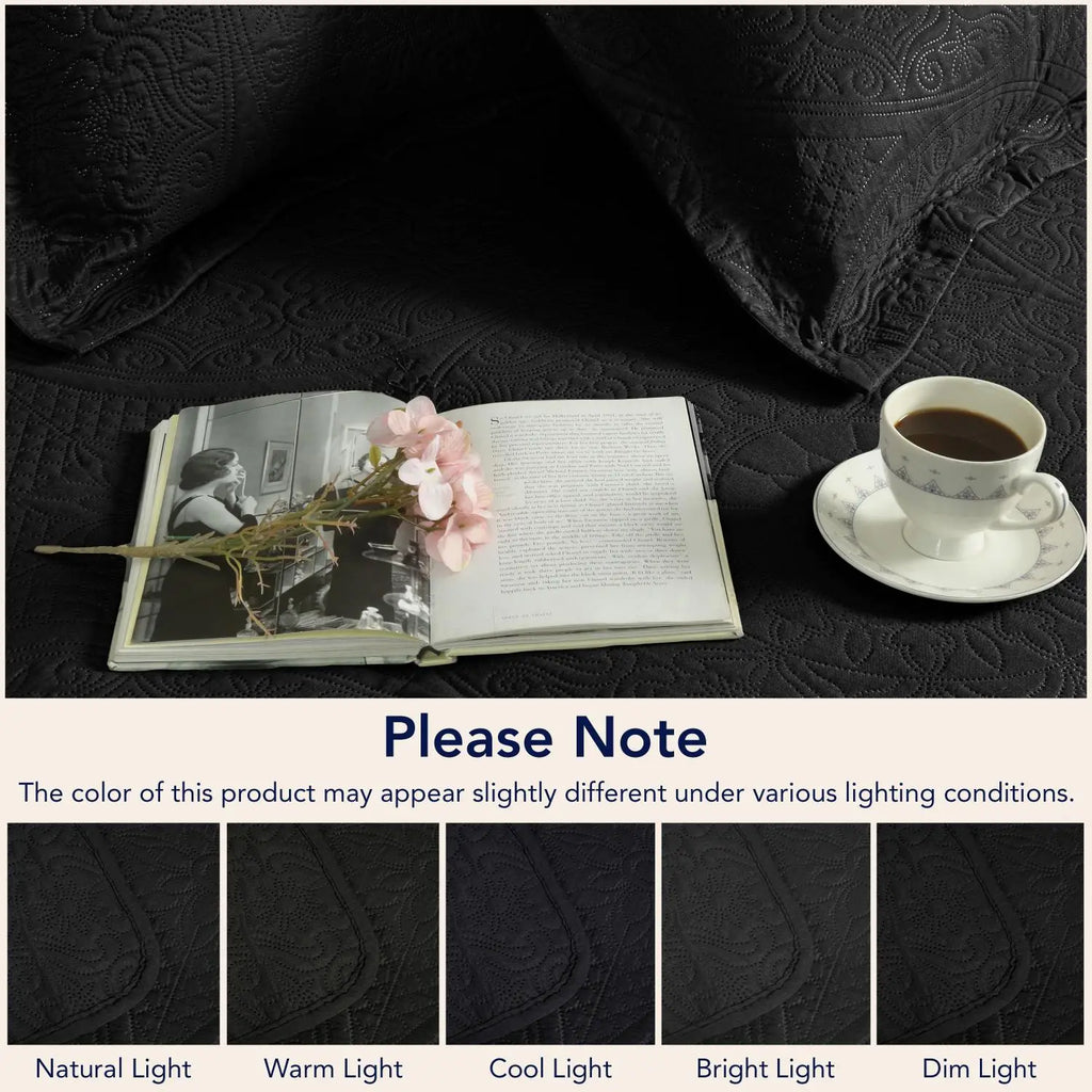 Floral Quilted Bedspread Set Black