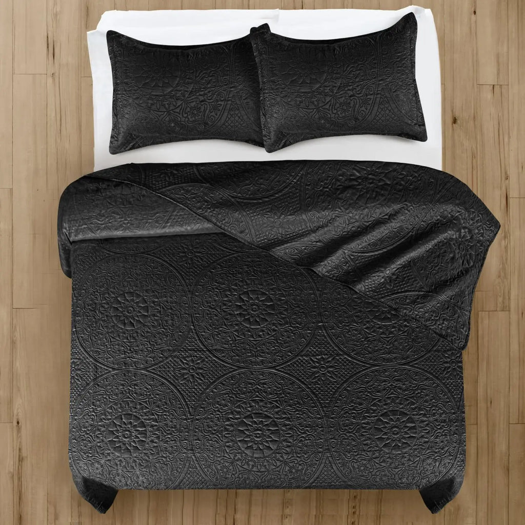 Floral Quilted Bedspread Set Black