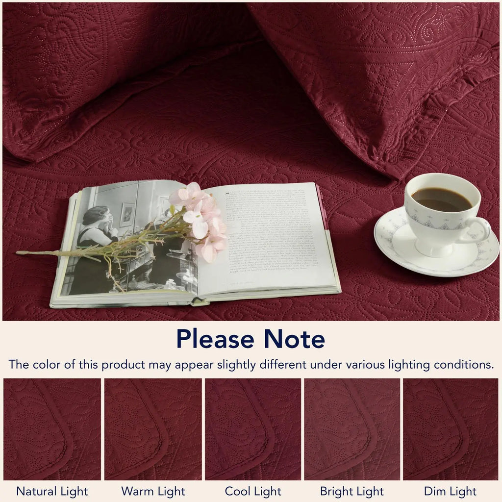 Floral Quilted Bedspread Set Burgundy