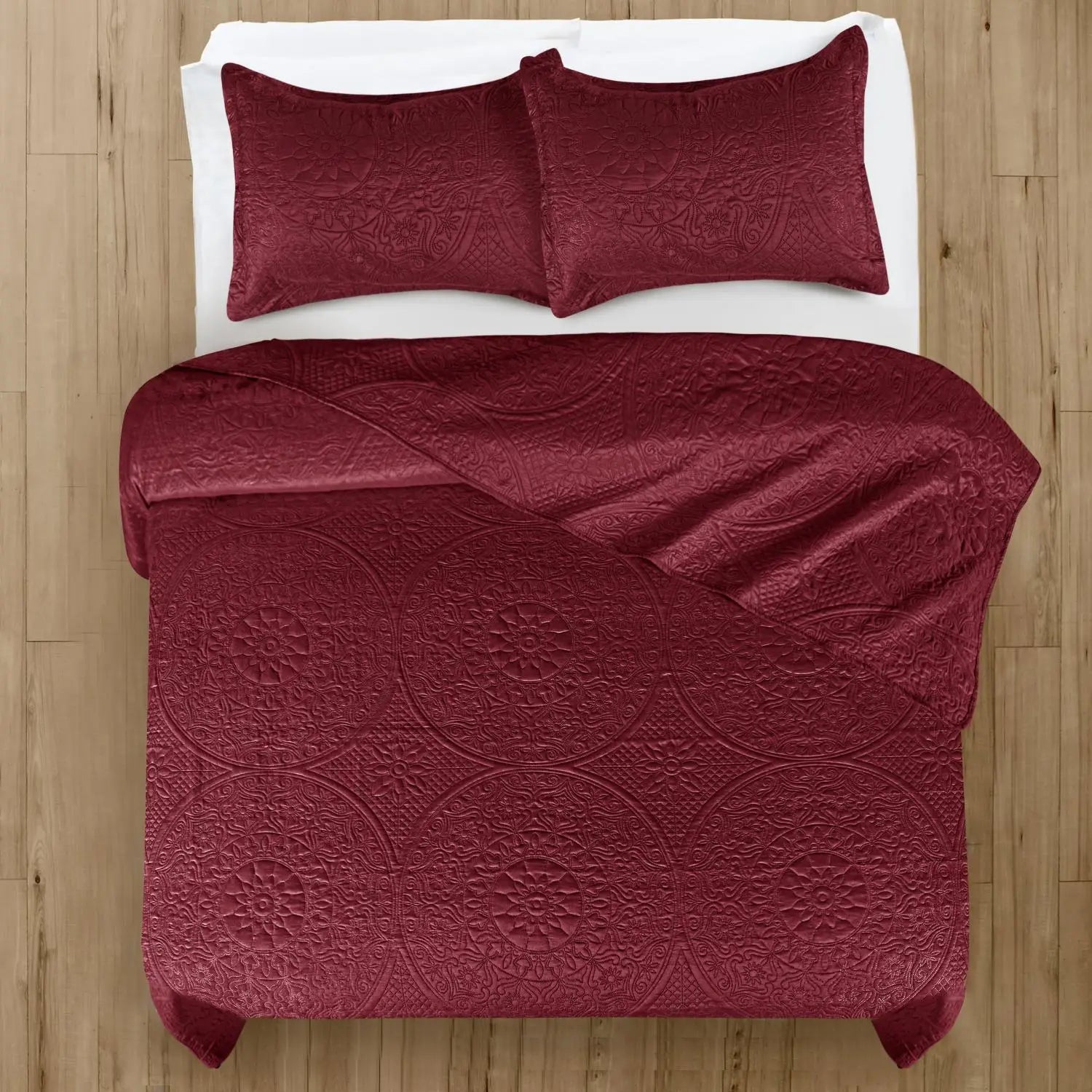 Floral Quilted Bedspread Set Burgundy