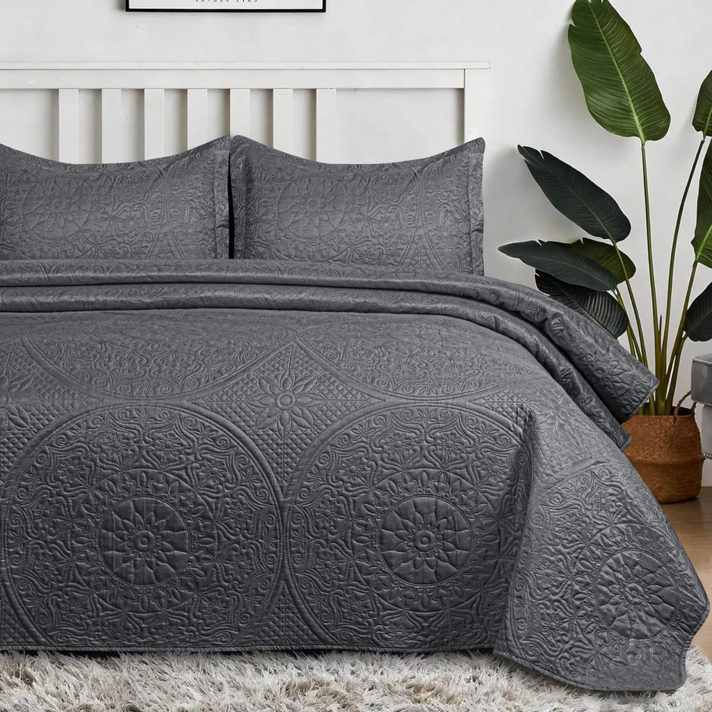 Floral Quilted Bedspread Set Charcoal