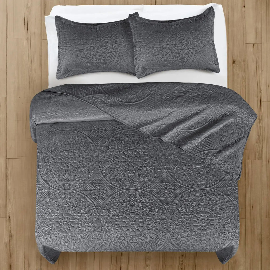 Floral Quilted Bedspread Set Charcoal