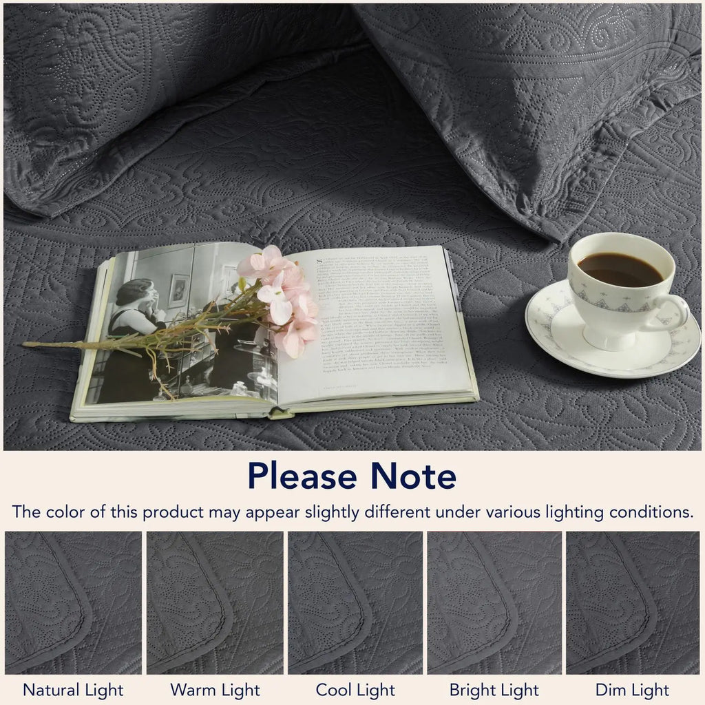Floral Quilted Bedspread Set Charcoal