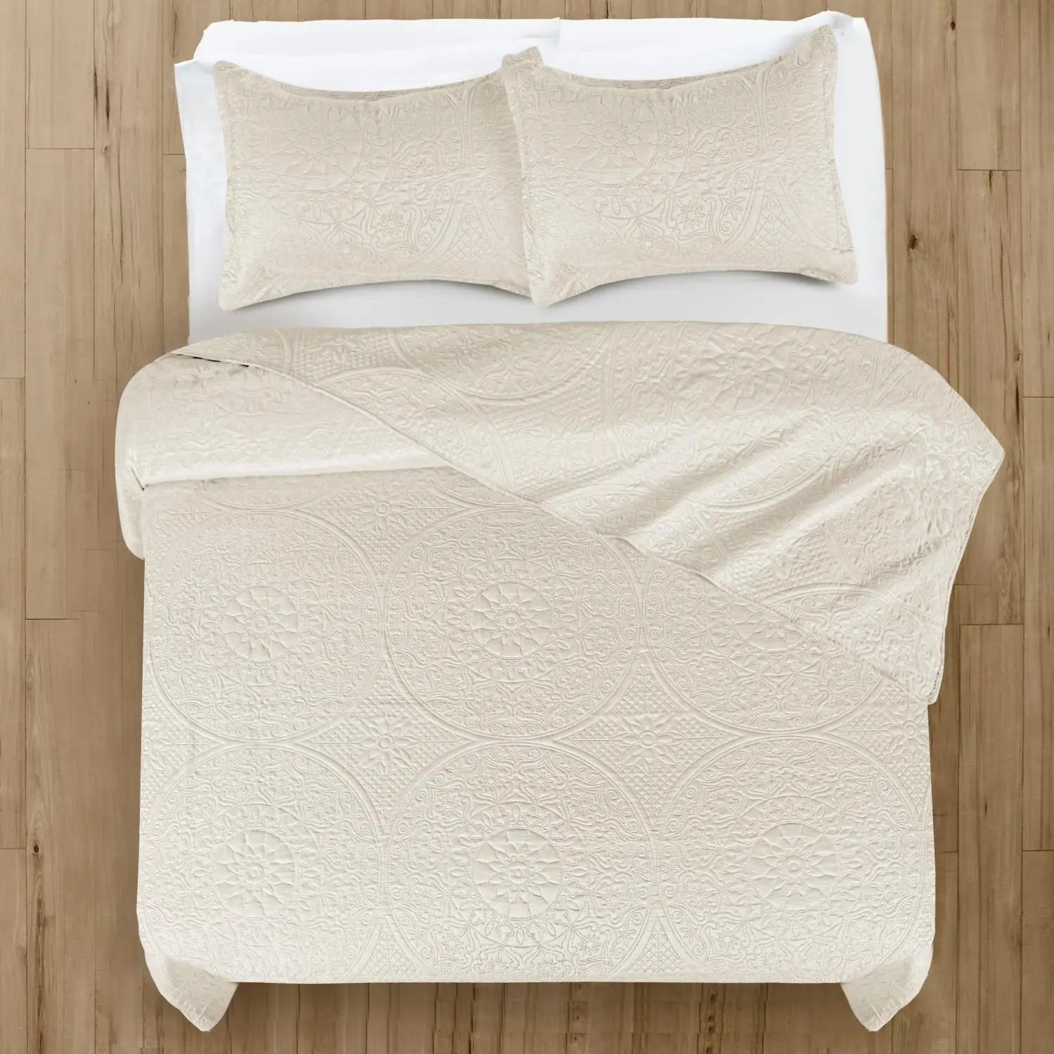 Floral Quilted Bedspread Set Cream