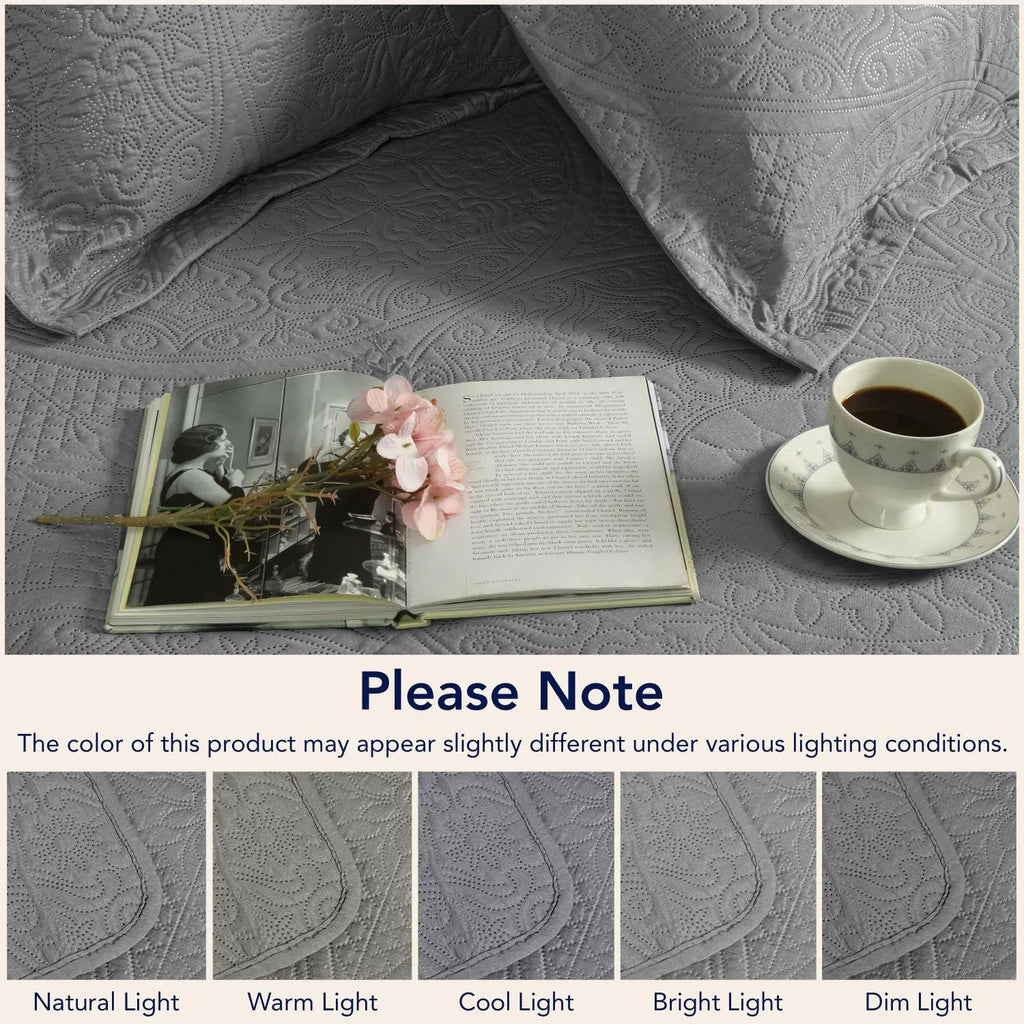 Floral Quilted Bedspread Set Grey