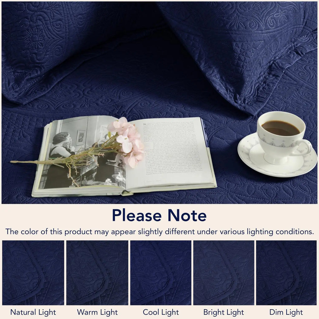 Floral Quilted Bedspread Set Navy