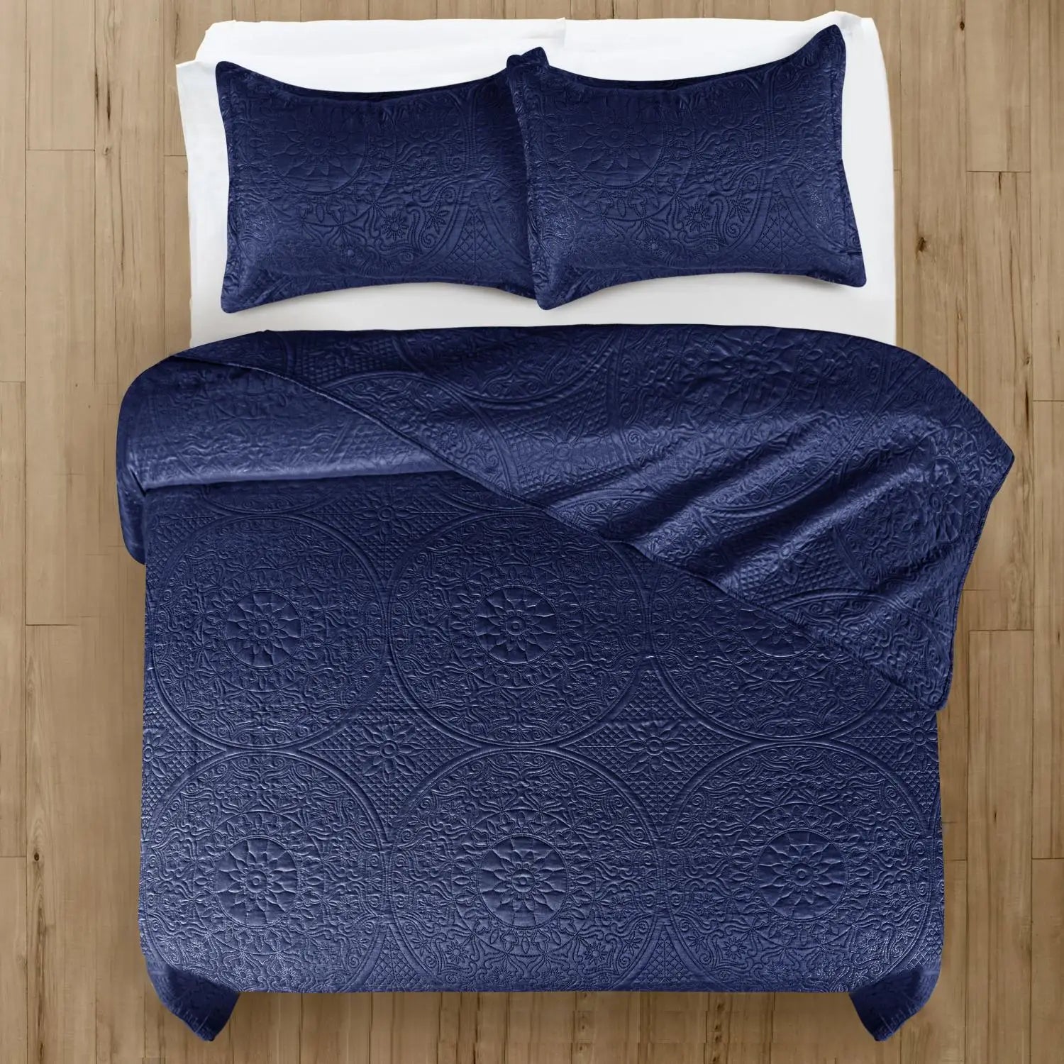 Floral Quilted Bedspread Set Navy