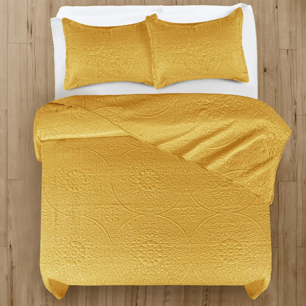 Floral Quilted Bedspread Set Ochre
