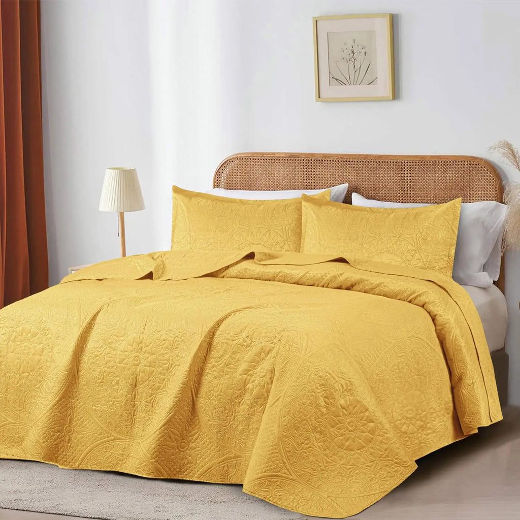 Floral Quilted Bedspread Set Ochre