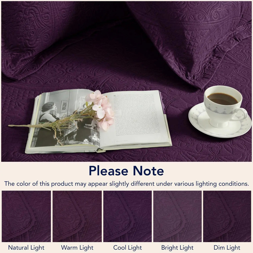 Floral Quilted Bedspread Set Plum