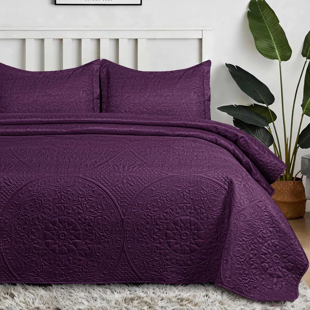 Floral Quilted Bedspread Set Plum