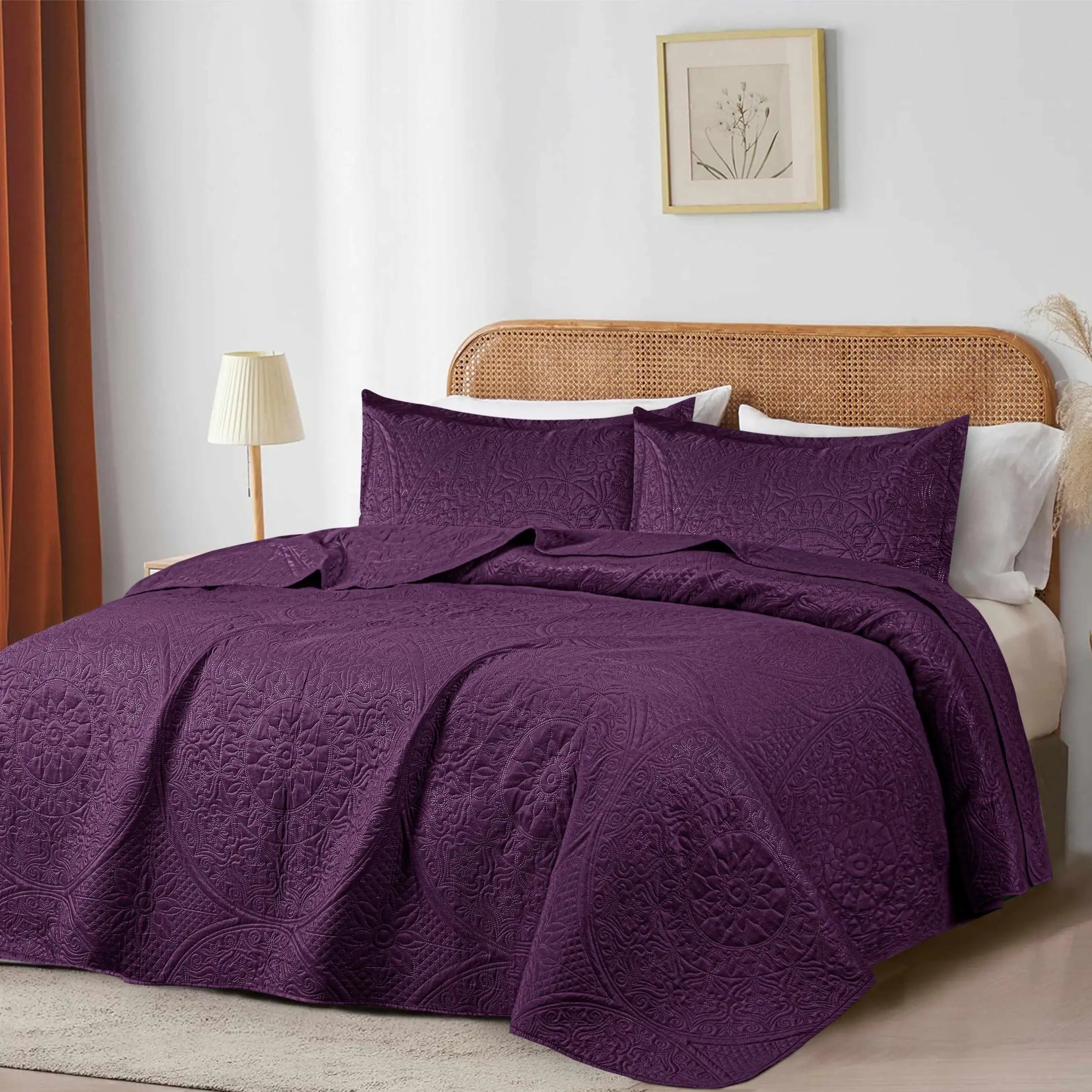 Floral Quilted Bedspread Set Plum