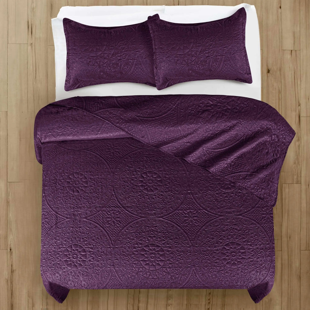 Floral Quilted Bedspread Set Plum