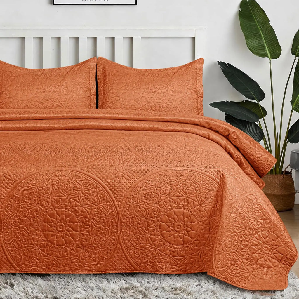 Floral Quilted Bedspread Set Rust
