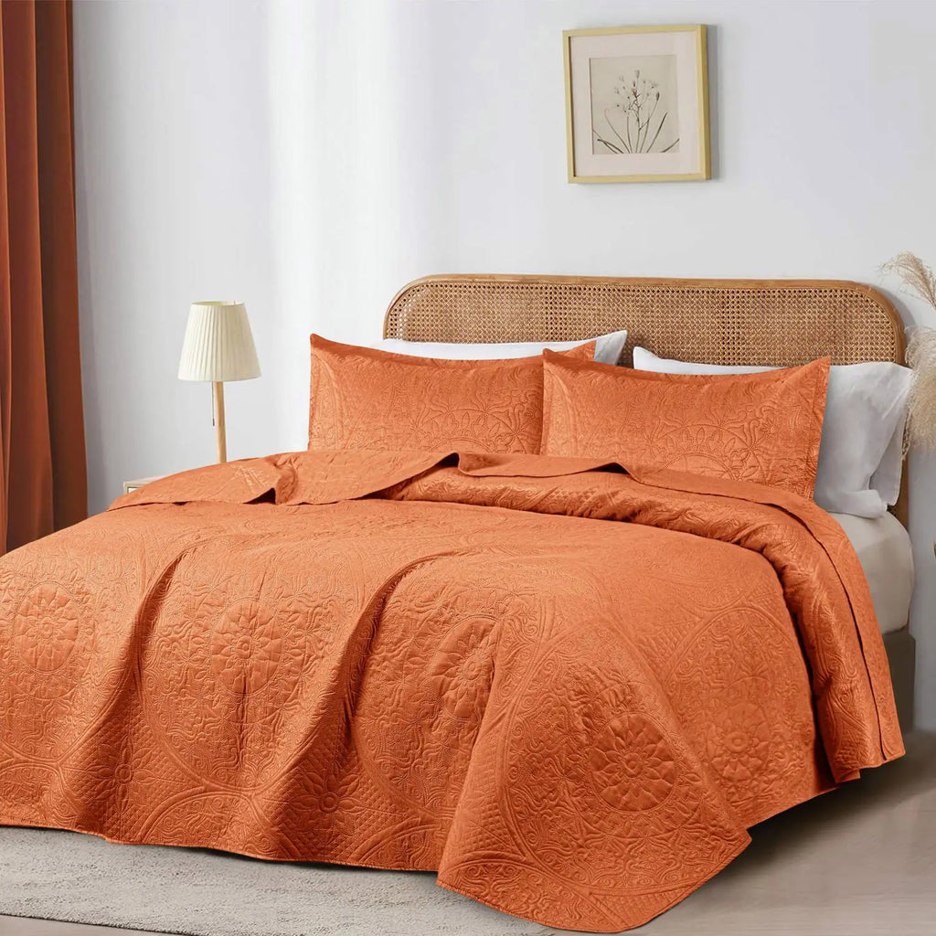 Floral Quilted Bedspread Set Rust