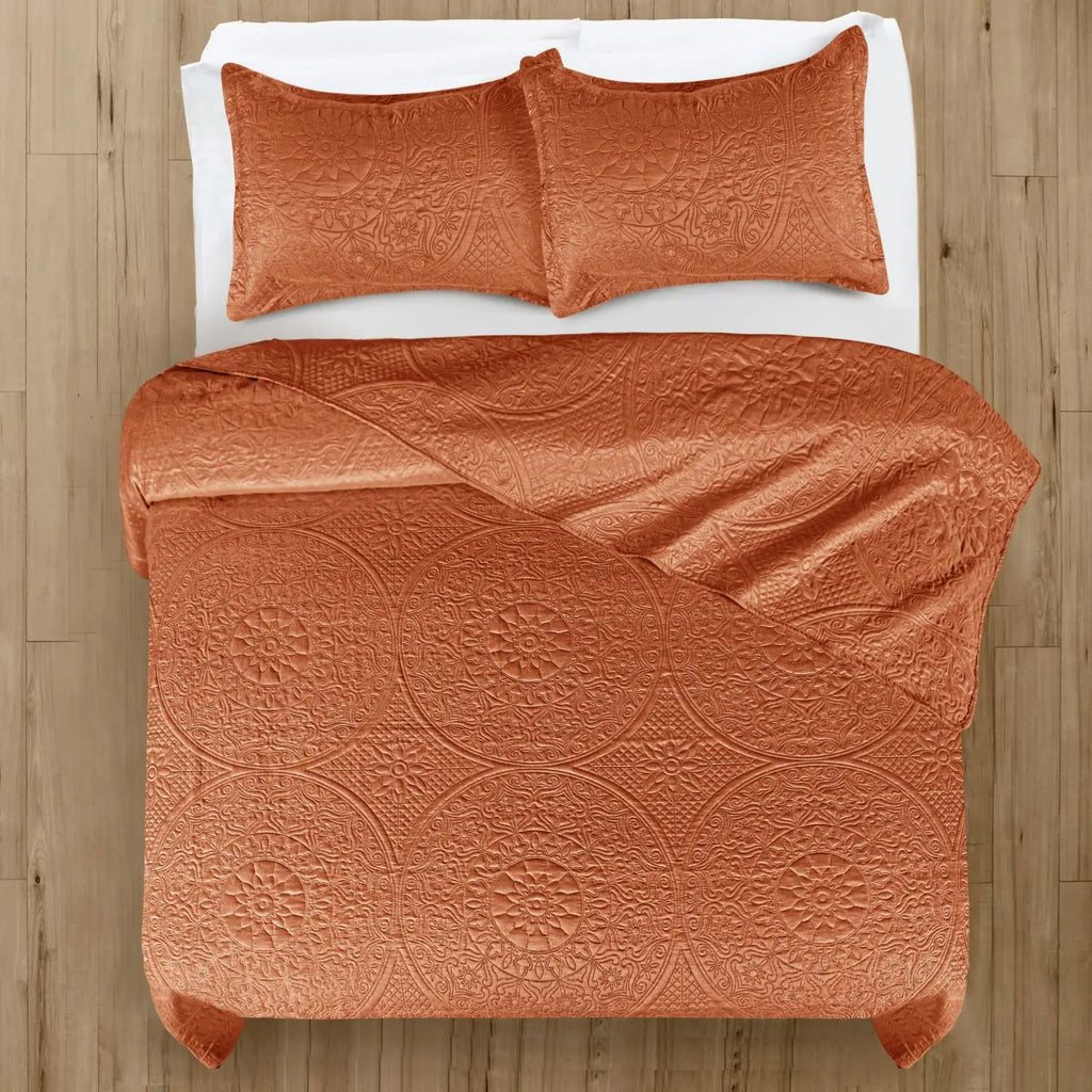 Floral Quilted Bedspread Set Rust