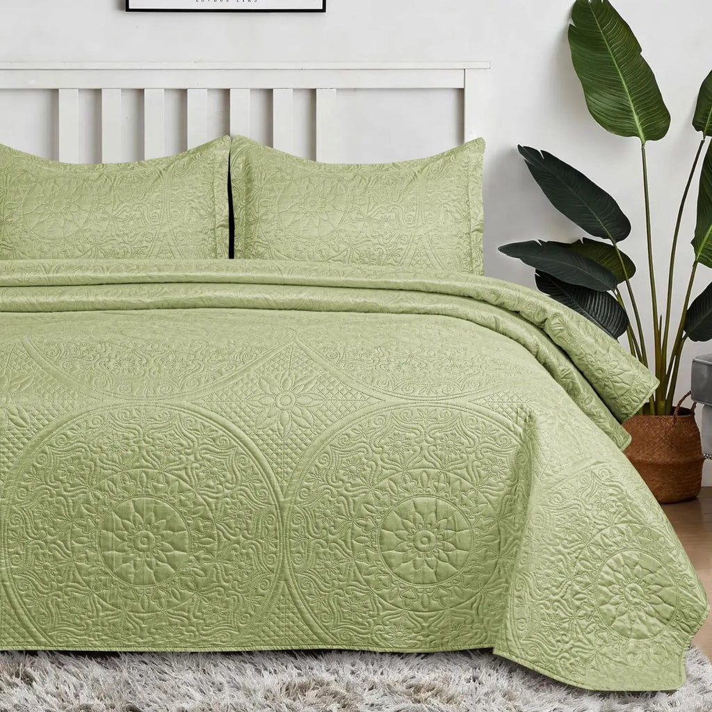 Floral Quilted Bedspread Set Sage Green