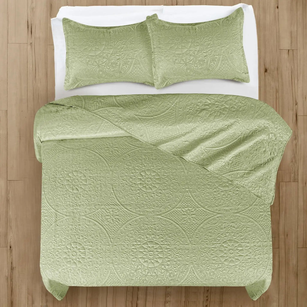 Floral Quilted Bedspread Set Sage Green