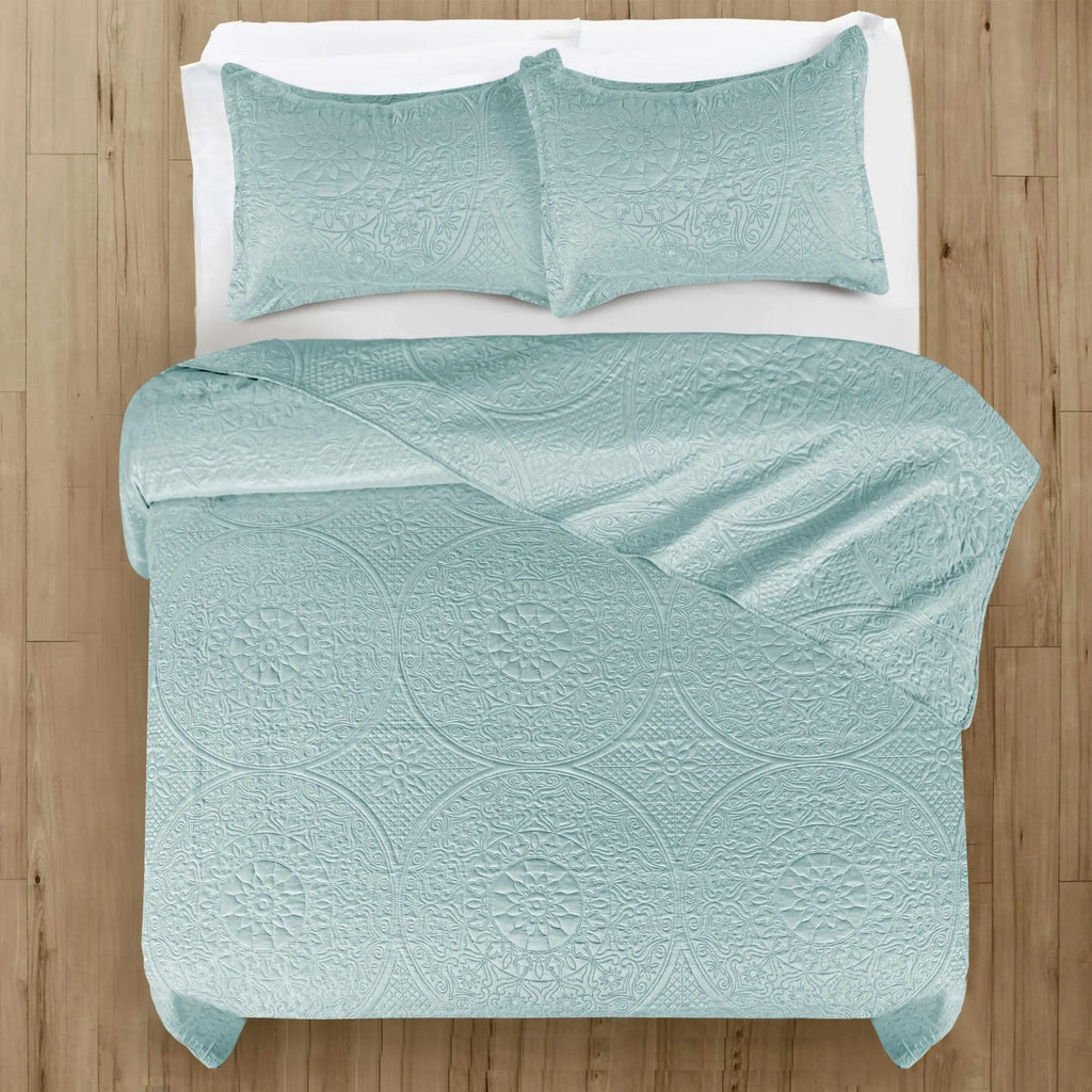 Floral Quilted Bedspread Set Sky Blue