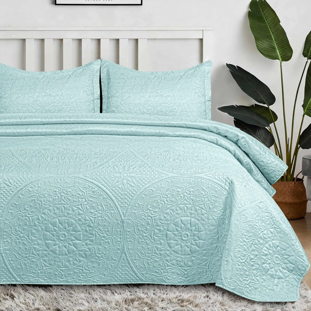 Floral Quilted Bedspread Set Sky Blue
