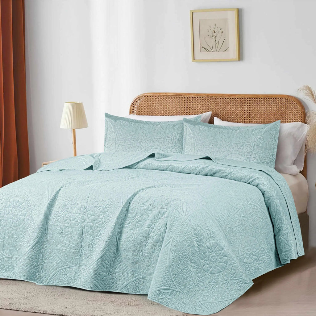 Floral Quilted Bedspread Set Sky Blue