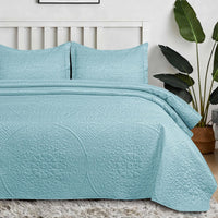Floral Quilted Bedspread Set Spa Blue