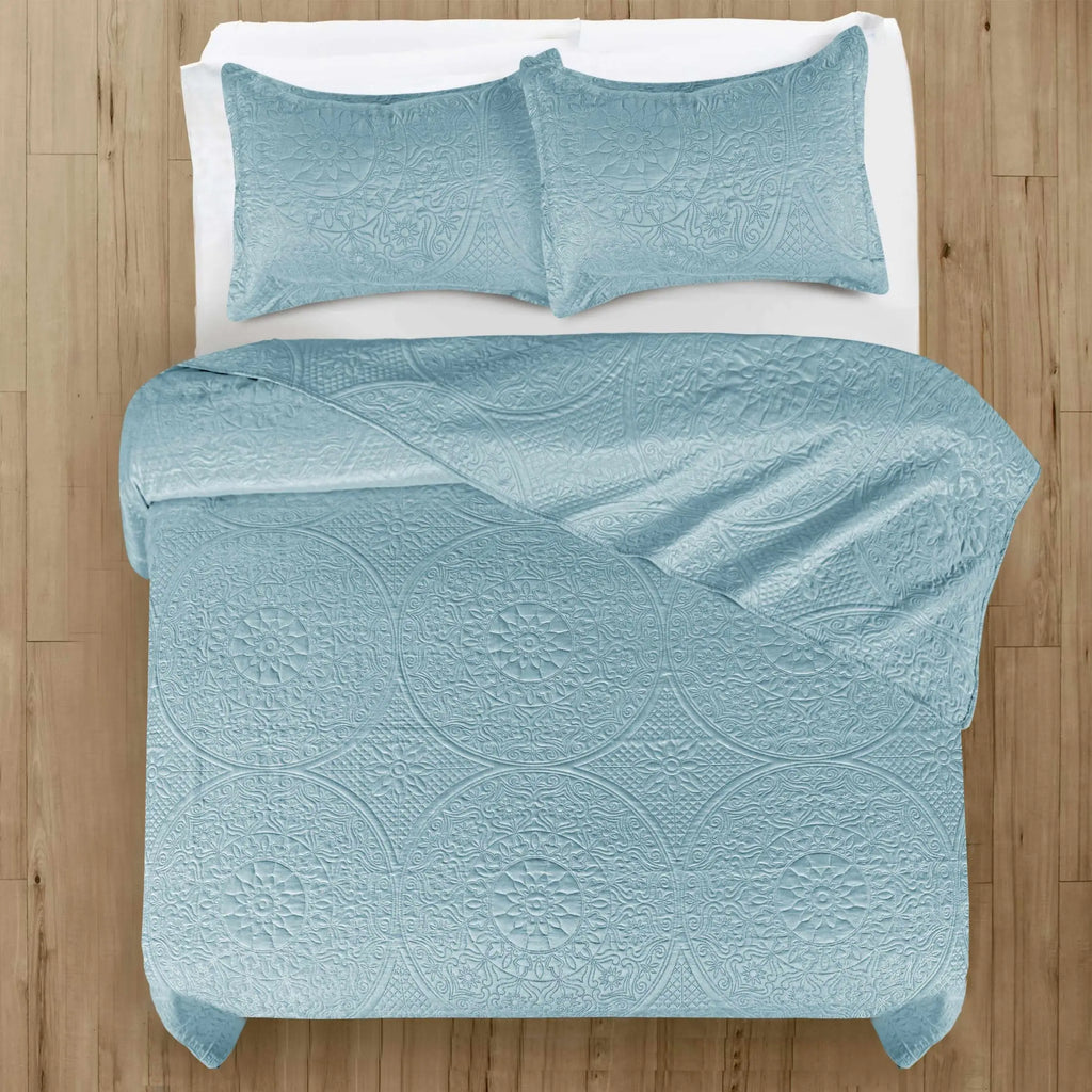 Floral Quilted Bedspread Set Spa Blue