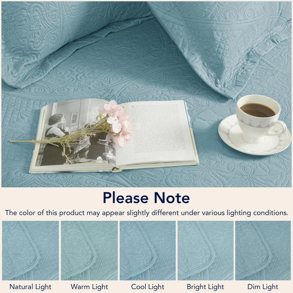 Floral Quilted Bedspread Set Spa Blue