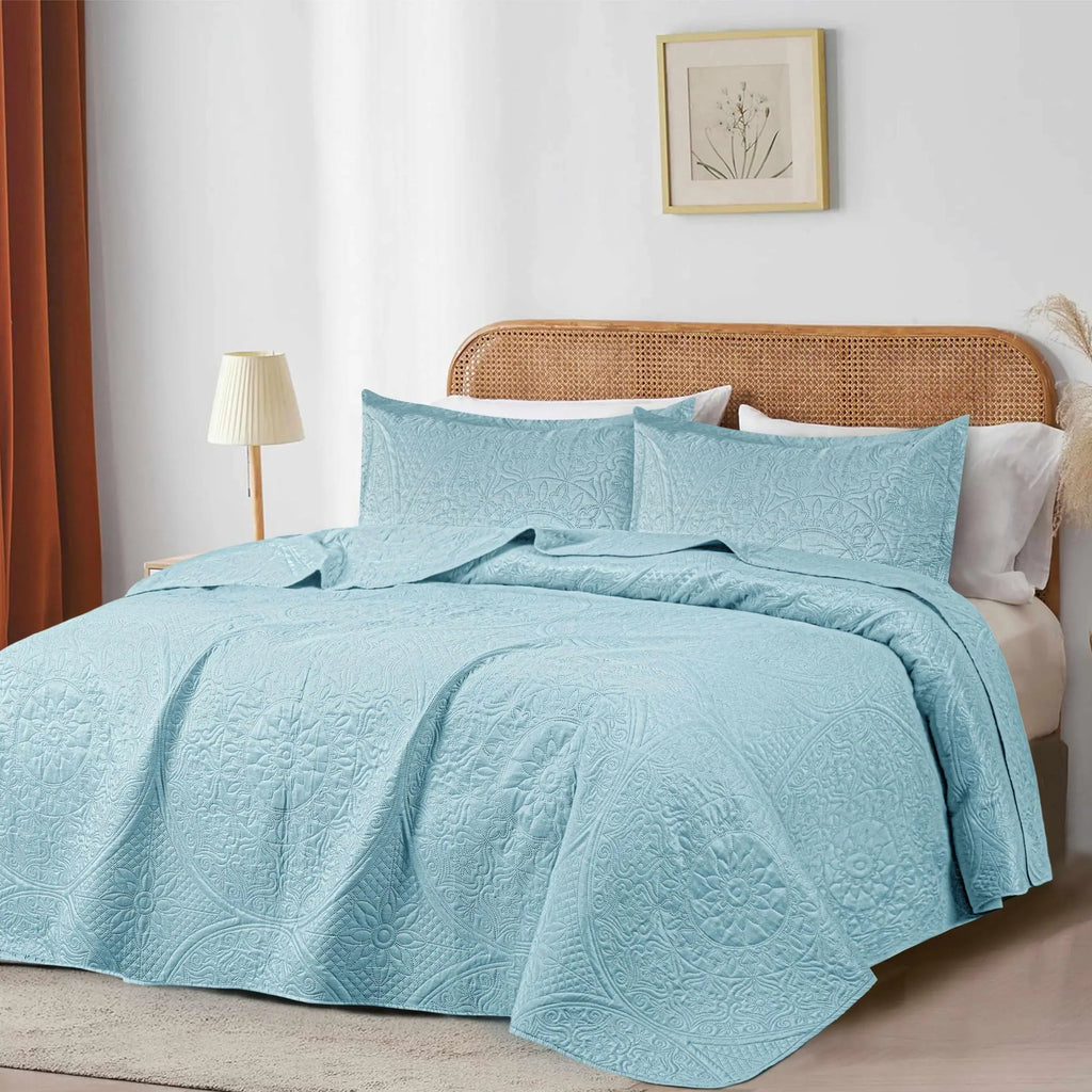 Floral Quilted Bedspread Set Spa Blue