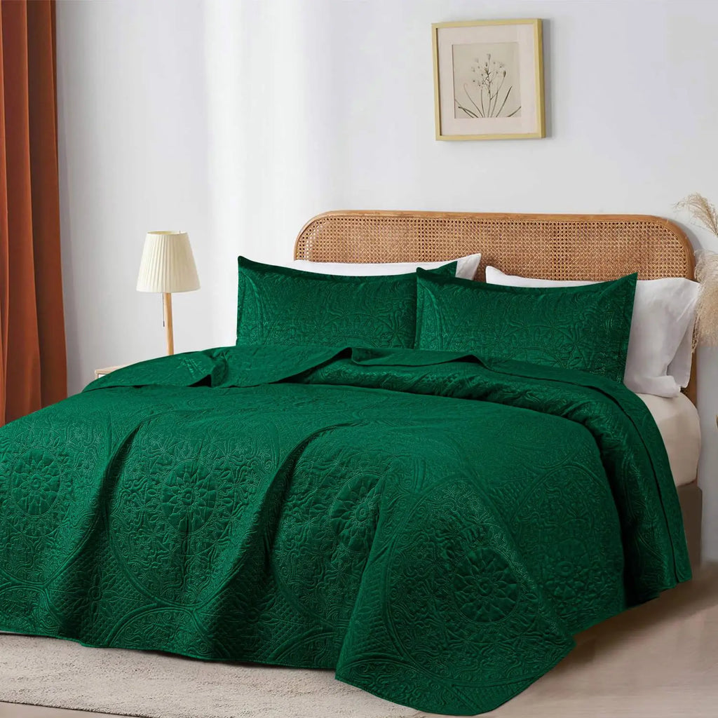 Floral Quilted Bedspread Set Emerald