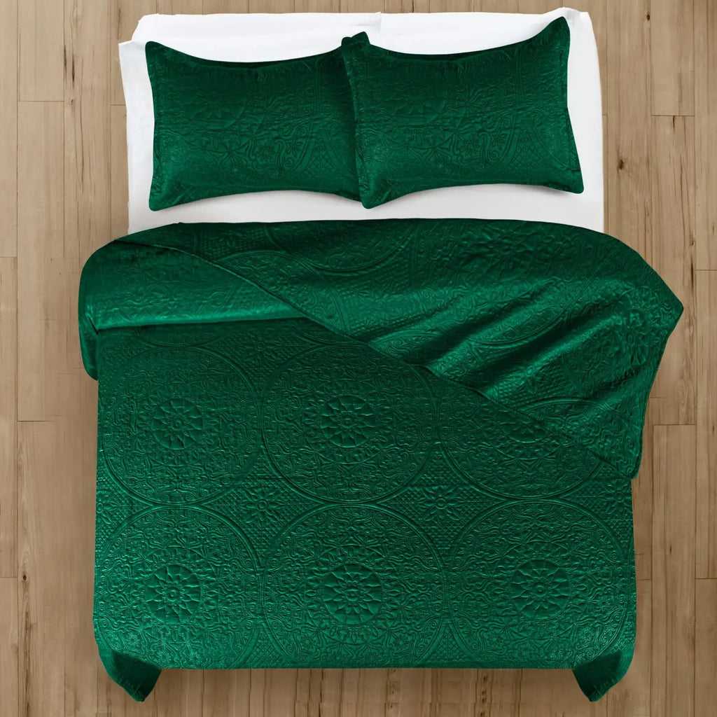 Floral Quilted Bedspread Set Emerald