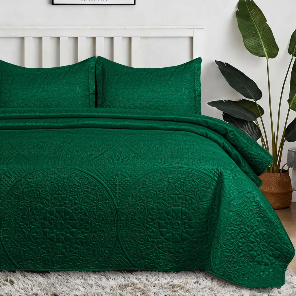 Floral Quilted Bedspread Set Emerald